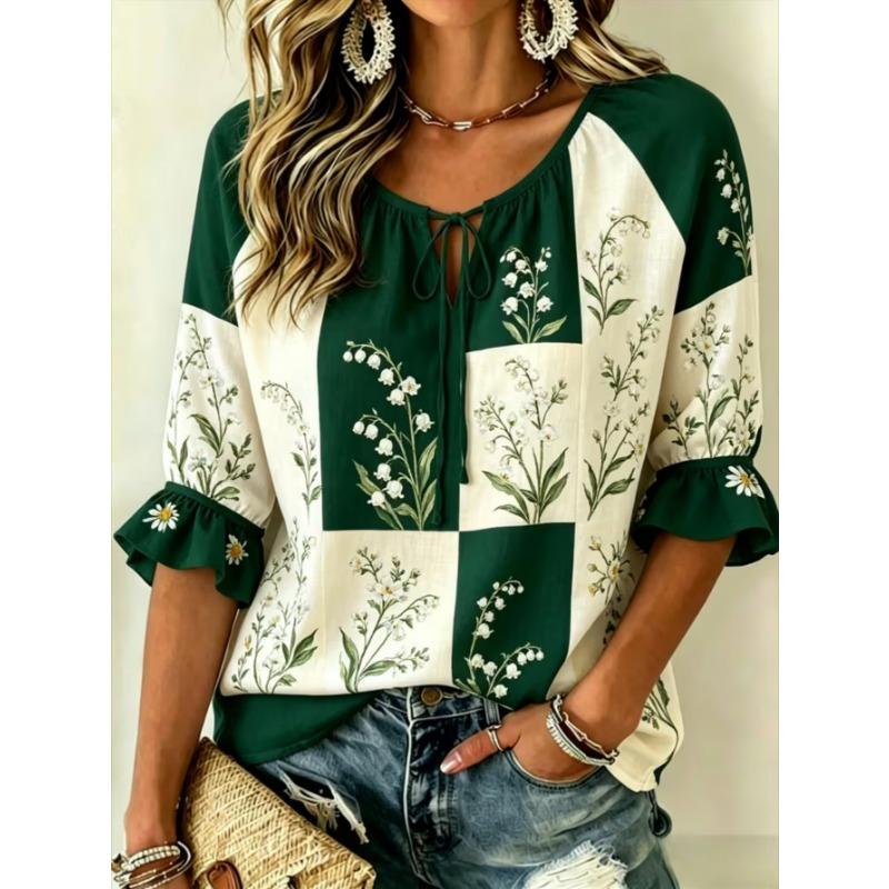 Women's Elegant Printed Lace-up Flared Top, Stylish and Versatile, Comfortable and Skin-friendly