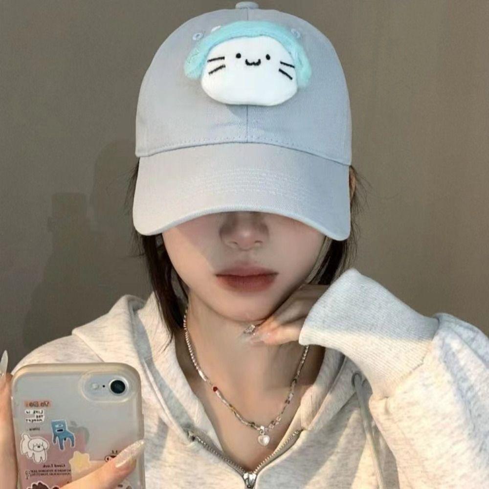 Korean Style Plush Doll Baseball Cap Solid Color Peaked Cap Fashion Earphone Cat Sun Hat  Men