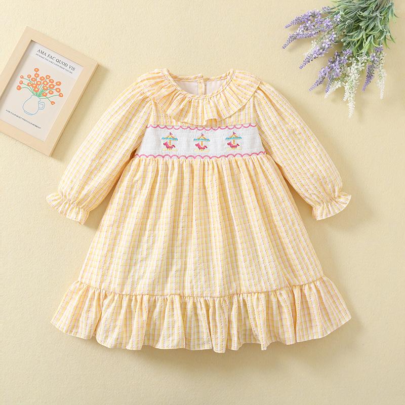 Sweet Girls Smocked Dress Spring Autumn Plaid Princess Dress With Cartoon Horse Embroidery Unique Design 80cm жёлтый