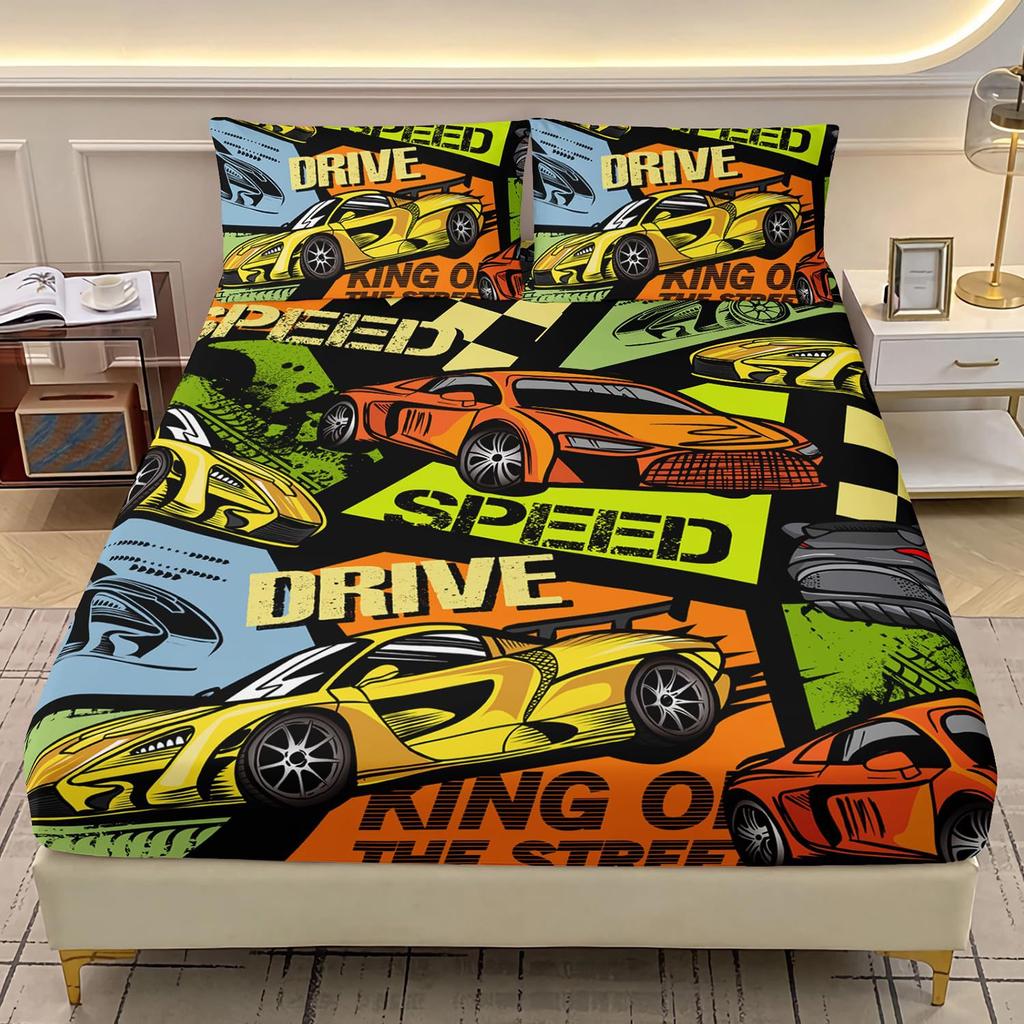 Cute Cartoon Dinosaur Racing Pattern Mattress Three-Piece Digital Printing Cute Bedding Set