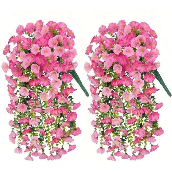 Artificial Flowers for Outdoor, Fake Hanging Morning Glory with Eucalyptus Leaves, UV Resistant Faux Plants Petunias Trailing Vines for Porch, Patio,