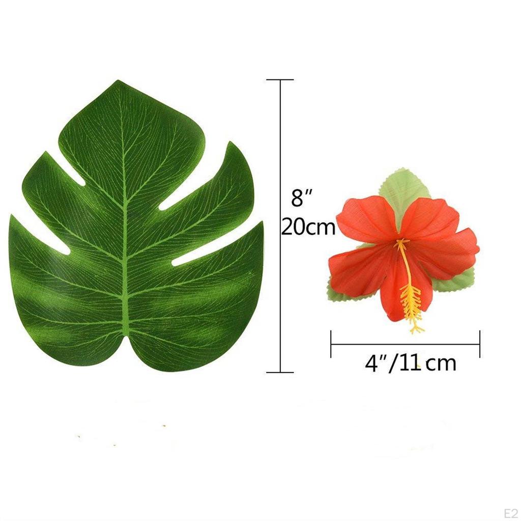 60x Tropical Decoration Kit Palmtera Leaves Artificial Hibiscus Flowers for Background BBQ