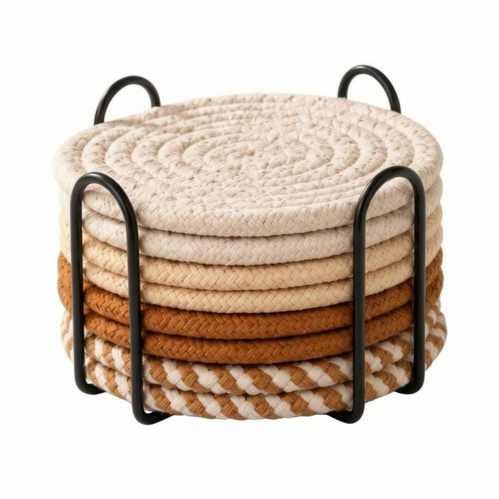 8 Pieces Braided Coaster Washable Set with Metal Storage Rack Reusable Thread Warming Mat