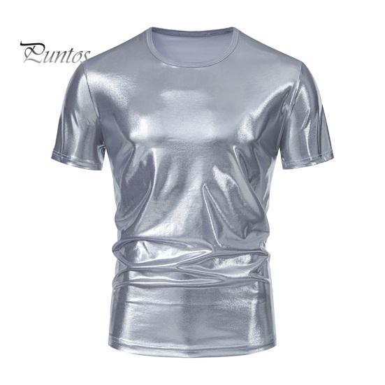 

Летняя мужская футболка с глянцевой поверхностью, бронзовая, облегающая, с круглым вырезом, однотонная, с короткими рукавами, пуловер, вечерние, клубные, для выступлений, танцевальная уличная одежда, топ L серебряный