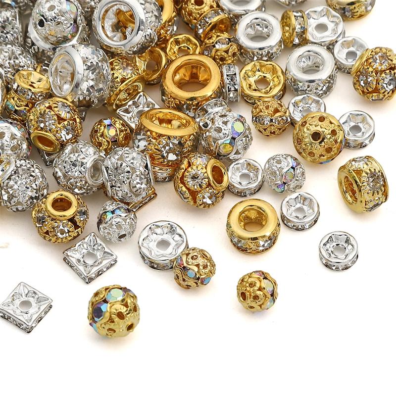 Crystal Rhinestone Metal Space Beads Loose Spacer Beads for Earring Bracelet NecklaceKeychain DIY Jewelry Findings Making Accessories