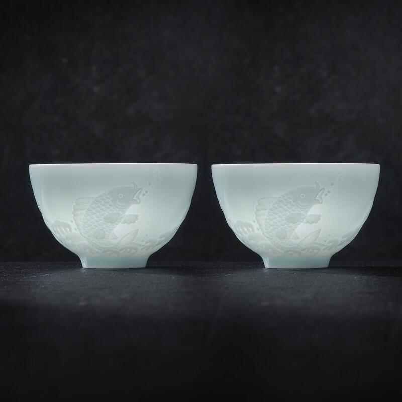 Jingdezhen Celadon Fish Leaping Dragon Gate Teacup Pair