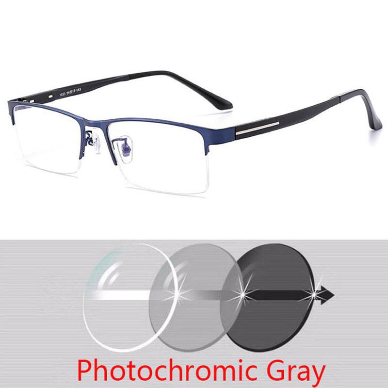 Men's Outdoor Shade Semi-Rimless Photochromic Gray Square Prescription Eyeglasses Metal Shortsight SPH 0 -0.5 -0.75 -1.0 TO -6.0