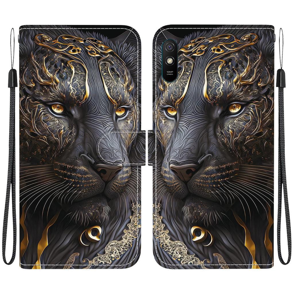 Ručně vyráběné PU kožené flipové pouzdro pro Redmi 9A Protiskluzový nárazuvzdorný kryt s poutkem na zápěstí a designy Srdce/Růže Kočka