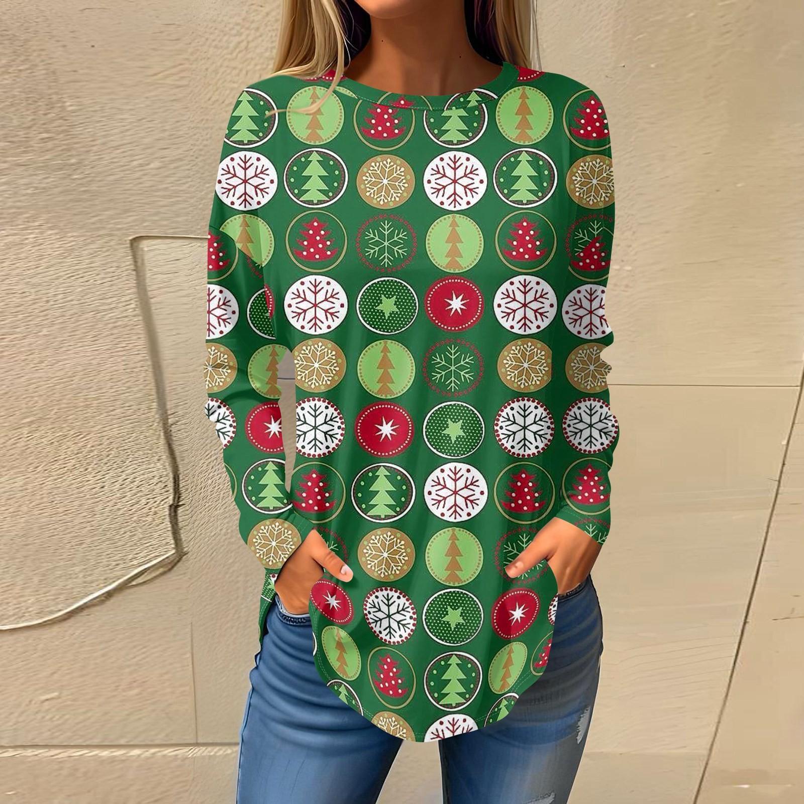 

Футболки для женщин, осенние повседневные рубашки с длинным рукавом, толстовки с винтажным графическим принтом, топы, пуловеры, рождественские S зелёный