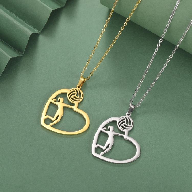 Lightweight Stainless Steel Necklace With Athletic Volleyball Pose And Heart Pendant Neck Chain For Women And Men