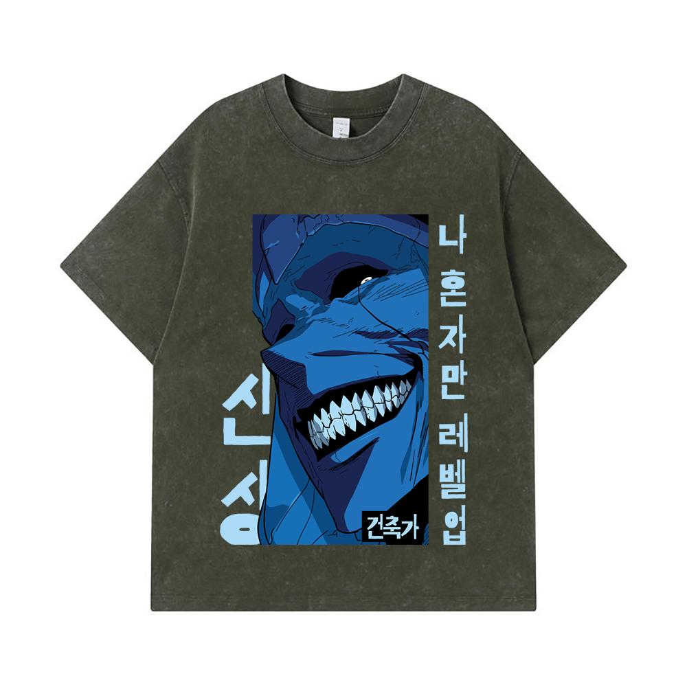 275 GSM Washed T-shirts 100% Cotton Solo Leveling V16 Print Unisex Heavy Cotton T Shirt