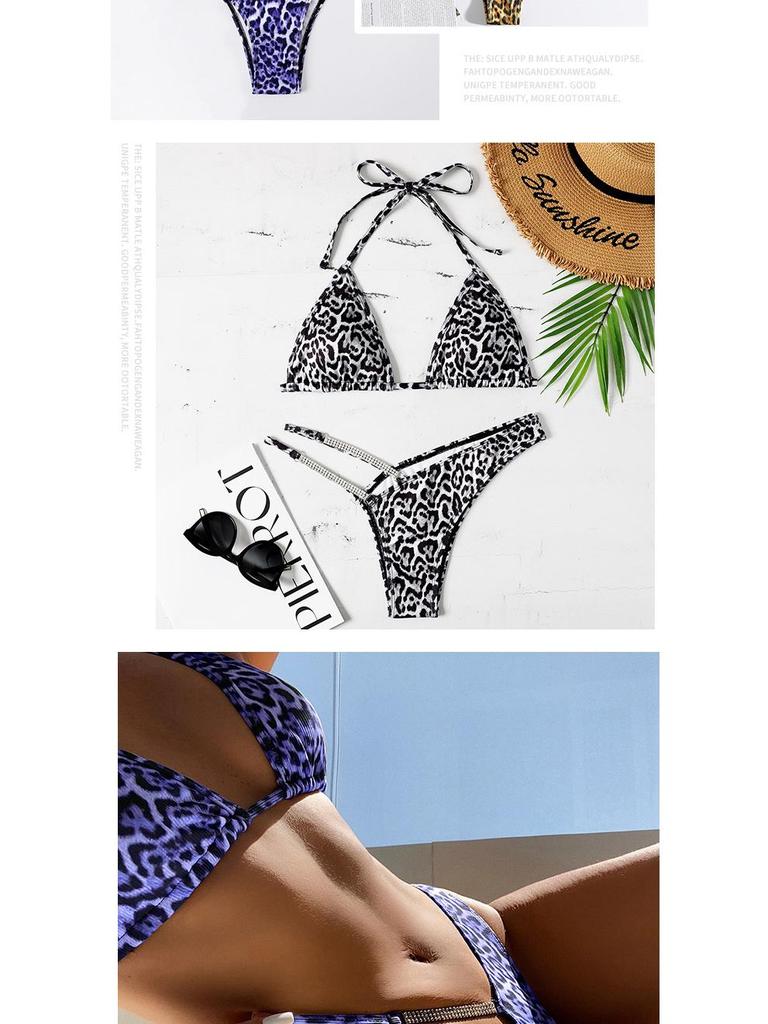 Leopard Print Rhinestone Bikini - European and American Sexy Split Swimsuit