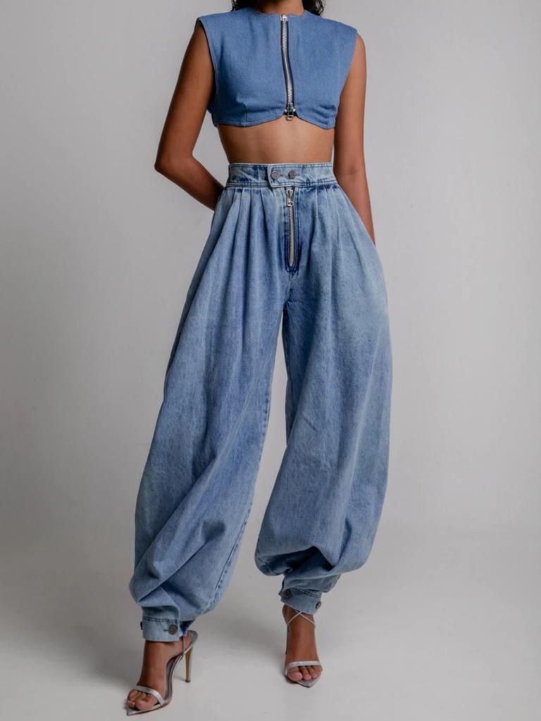 New Women's Summer High Waist Zipper Closure Loose Casual Retro Jeans