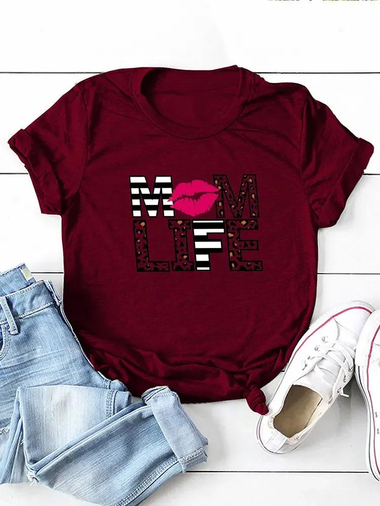 Red Lip Mom Life Leopard Print Women T Shirt Short Sleeve O Neck Loose Women Tshirt Ladies Tee Shirt Tops Camisetas Mujer