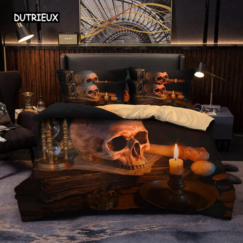 Skull Duvet Cover Set Queen 3 Pcs Black Halloween Bedding Soft Microfiber Comforter Cover Set Beauty Pattern Decor