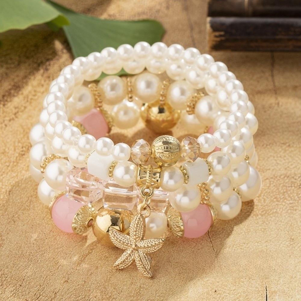 

4pcs/set Bohemia Style Seastar Beads Bracelets Sets Adjustable Multilayer Hand Chain Casual Outfit розовый