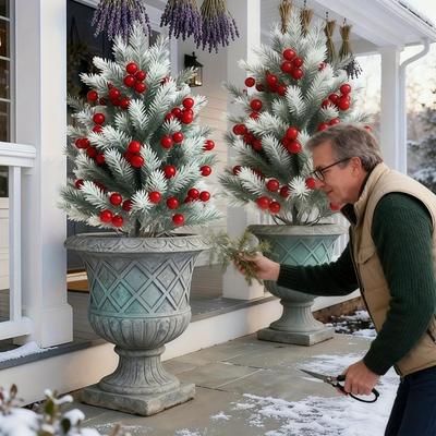 Faux Cedar Trees 22 Inch Realistic Greenery Faux Tree Outdoor With Red Berries For Yard Lawn Patio Porch Pathway Planter Flower