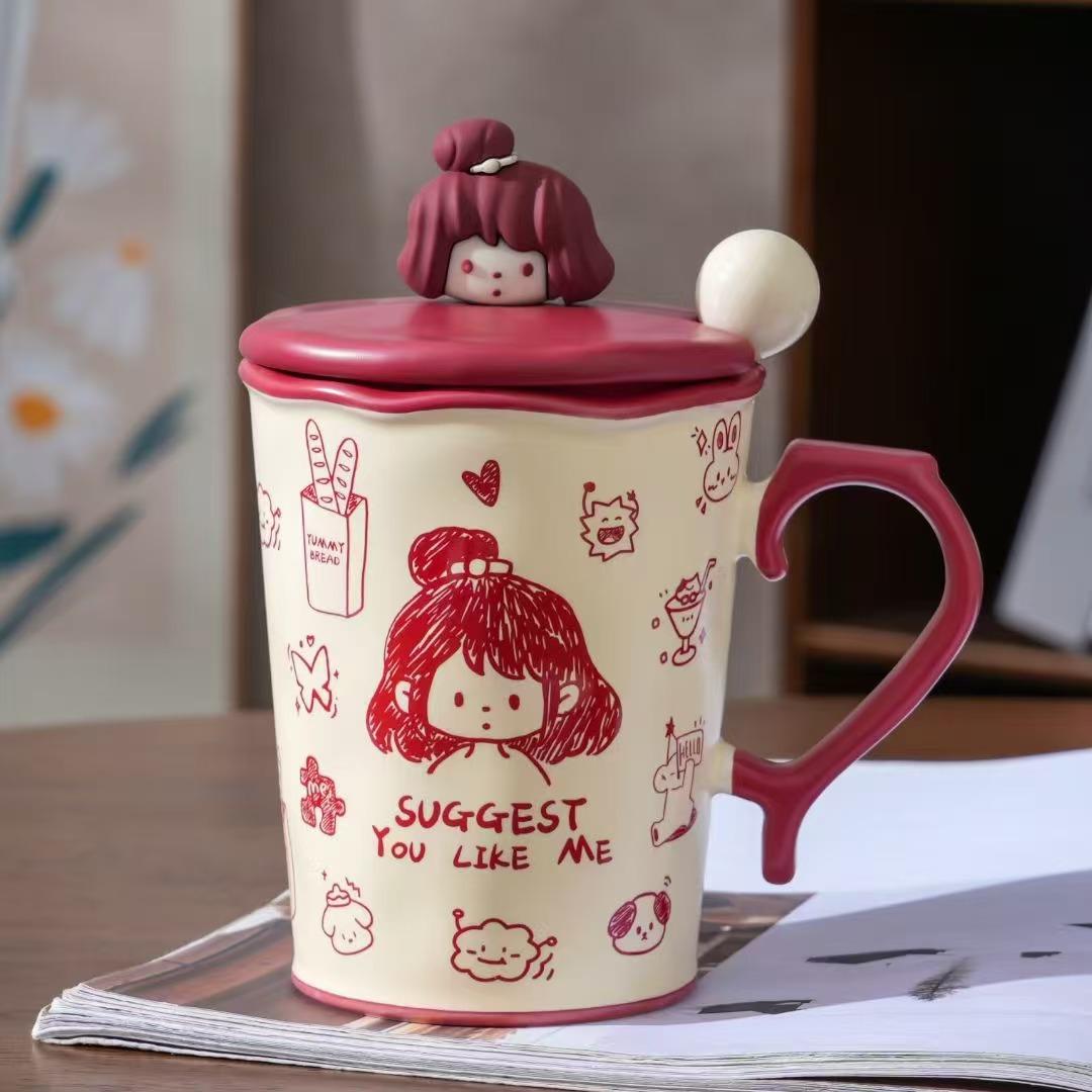 

Креативная Персонализированная Пара с Крышкой и Ложкой Керамическая Чашка Высокого Внешнего Вида Большая Вместимость Кружка для Маленького Подарка для Девочек Чашка для Воды для Домашнего Использования 400ML