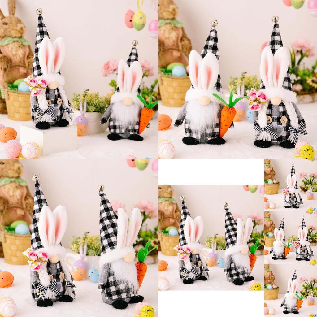 Adorable Black And White Checkered Bunny Ears Plush Doll Holding Carrot For Easter Decor