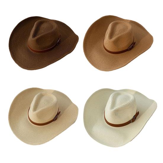 Adult Cowboy Hat for Men Women Western Party Straw Cowgirl Hat Classic Roll Up Fedora Hat with Buckle Belt