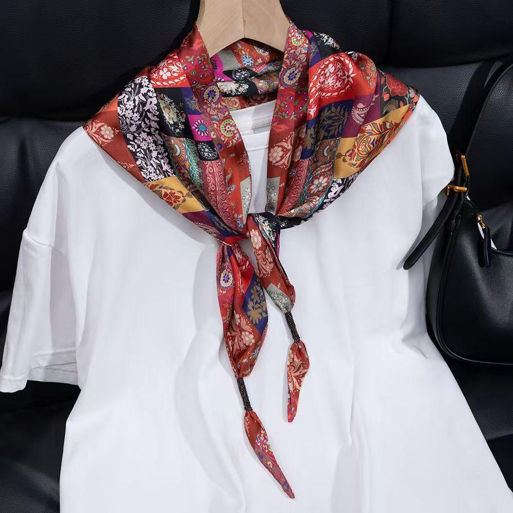 New simulated silk triangle scarf women's cashew flower small shawl neck protection silk scarf scarf fashion versatile scarf