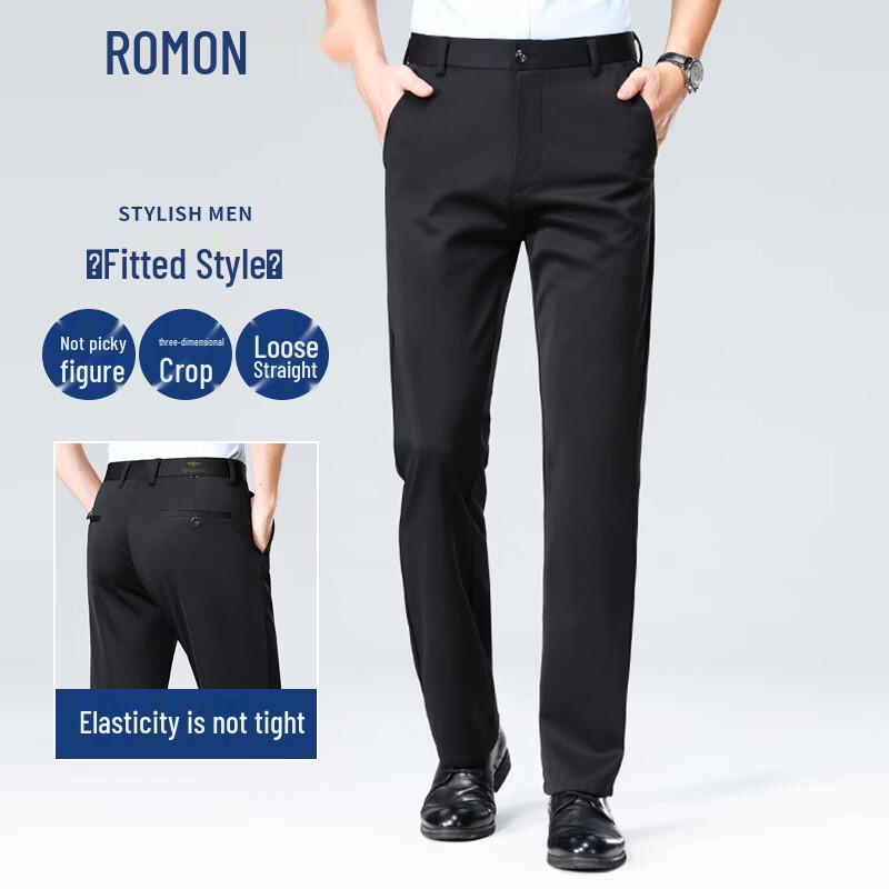 ROMON Men's Elastic Wrinkle-Resistant Straight-Leg Business Casual Pants