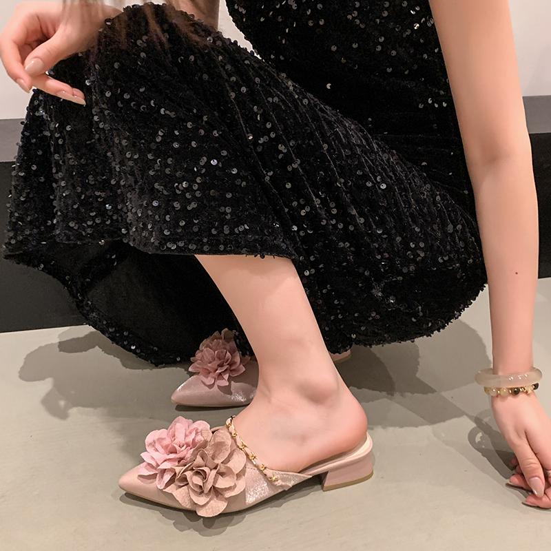 Fashion Flower Women Mid Heels Slippers Pointed Toe Chunky Shoes Fashion Dress Pumps Designer Summer Slides 2025 New Zapatillas Ladies