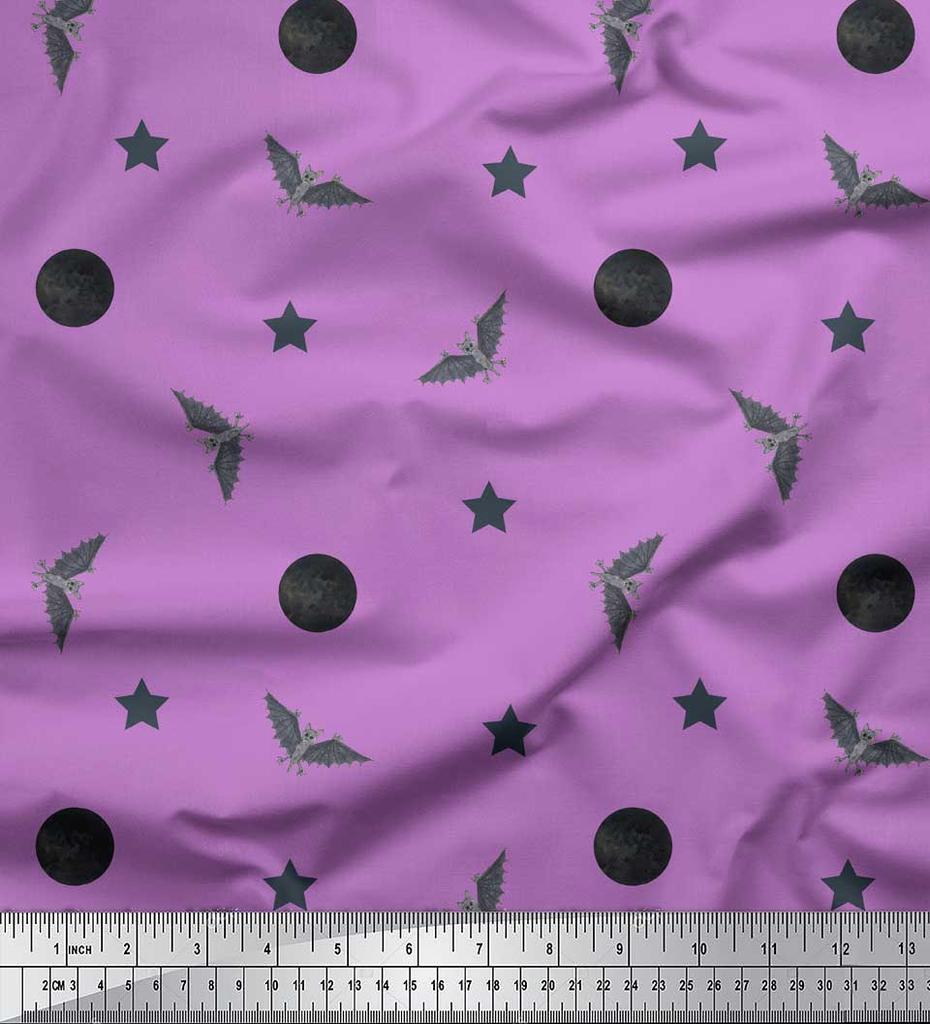 Soimoi Purple Japan Crepe Satin Fabric Moon,Star & Bats Halloween Print Fabric by the Metre 42 Inch