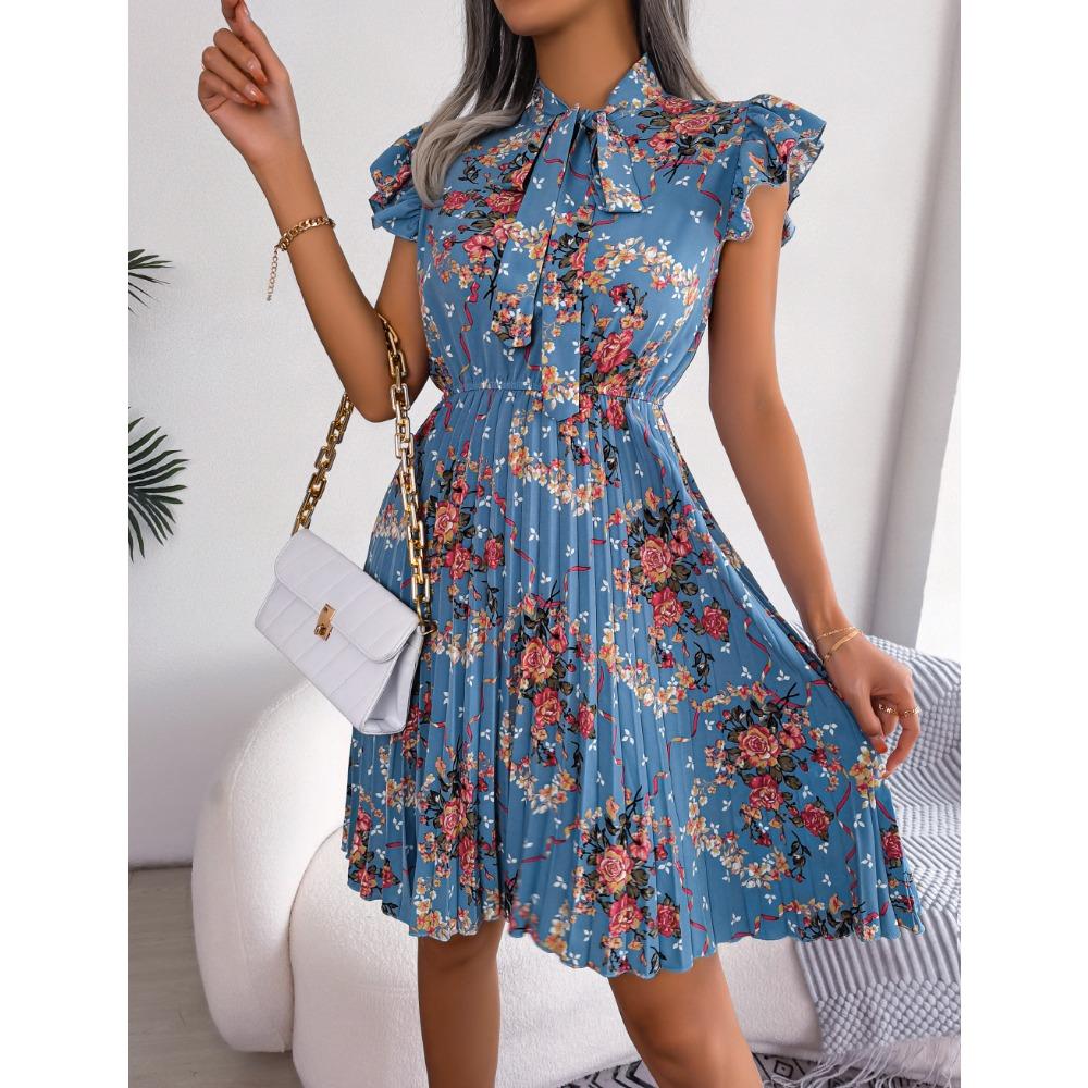 Spring and Summer Temperament Flower Tie Waist Large Swing Pleated Skirt Ladies Fashion Dress Loose Medium Long Skirt