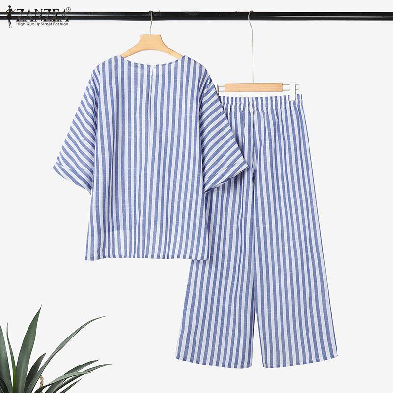 ZANZEA Women 3/4 Sleeve Blouse and Pants Summer Stripe Two Piece Suit Sets