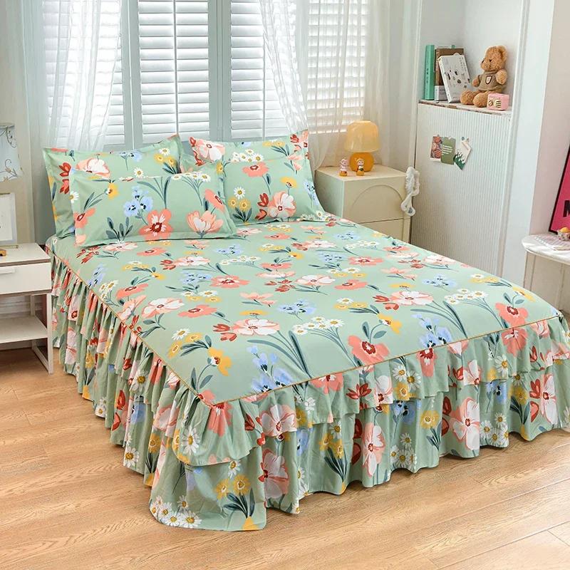 Nordic Floral Queen Bed Skirt Without Pillowcase Double Single Mattress Cover Anti-slip Full Size Adjustable Bedspread 360°Warp