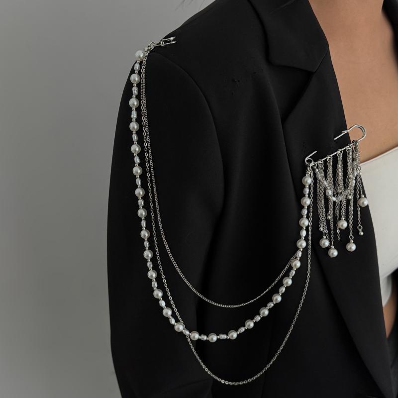Unique Multi Layer Tassel Chain Brooch for Men Women Punk Personality Jewelry Accessory for Costume Formal Wear