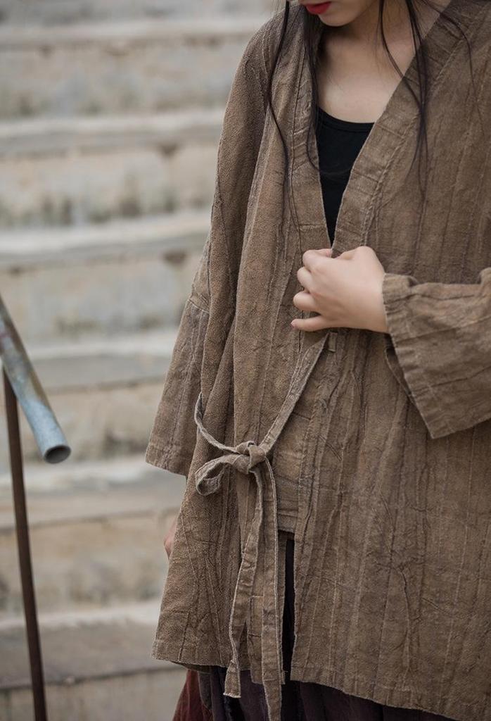 Women's Zen-Style Tie-Dye Pleated Cotton Linen Jacket with Lace-Up Oblique Lapel