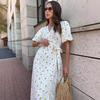 New Women's Cotton Printed Dress European American Style V-neck Puff Short Sleeve Tie Waist Short Dress