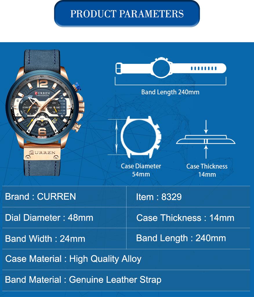 CURREN8329 Sport Watches for Men Blue Top Brand Luxury Military Leather Wrist Watch Man Clock Fashion Chronograph Wristwatch