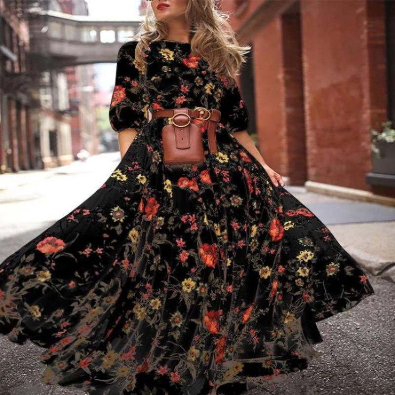 2026 Schlanke Passform Europäisch-Amerikanisches Floral Chiffon Langes Kleid