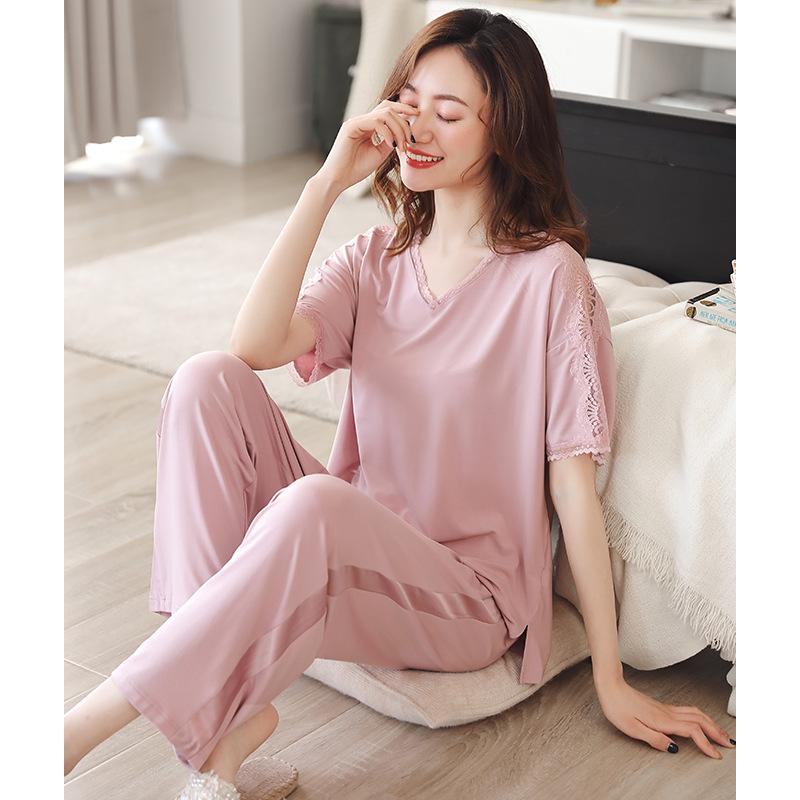Pajamas Ladies Summer Modal Short Sleeves Long Pants Middle-aged Mom Loungewear Summer Thin Loose Large Size Suit