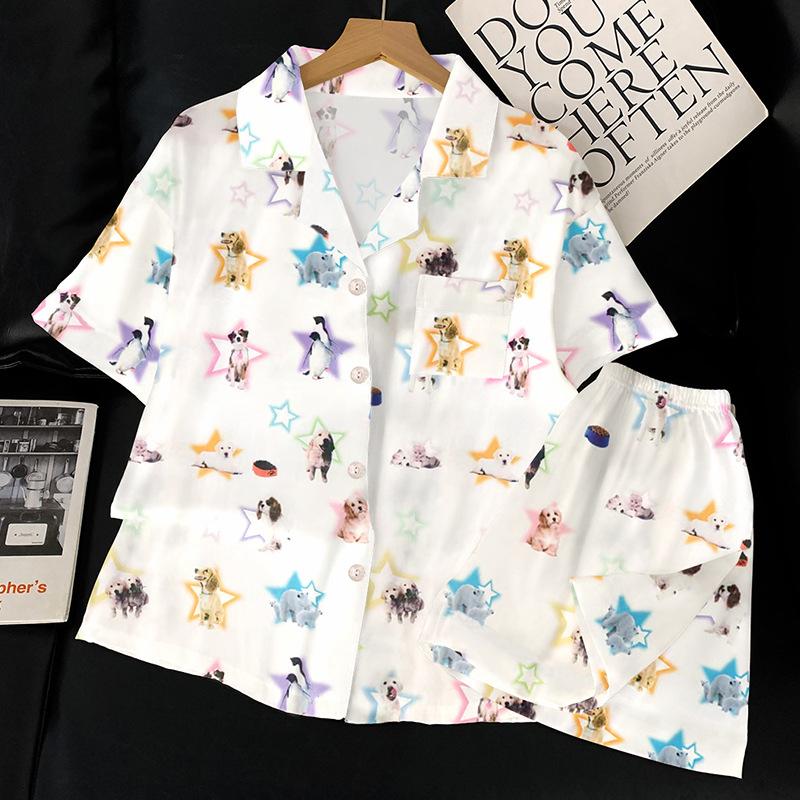 Мультяшные пижамы  Счастливые звезды  из ледяного шелка для женщин, летний высококачественный домашний комплект с коротким рукавом M