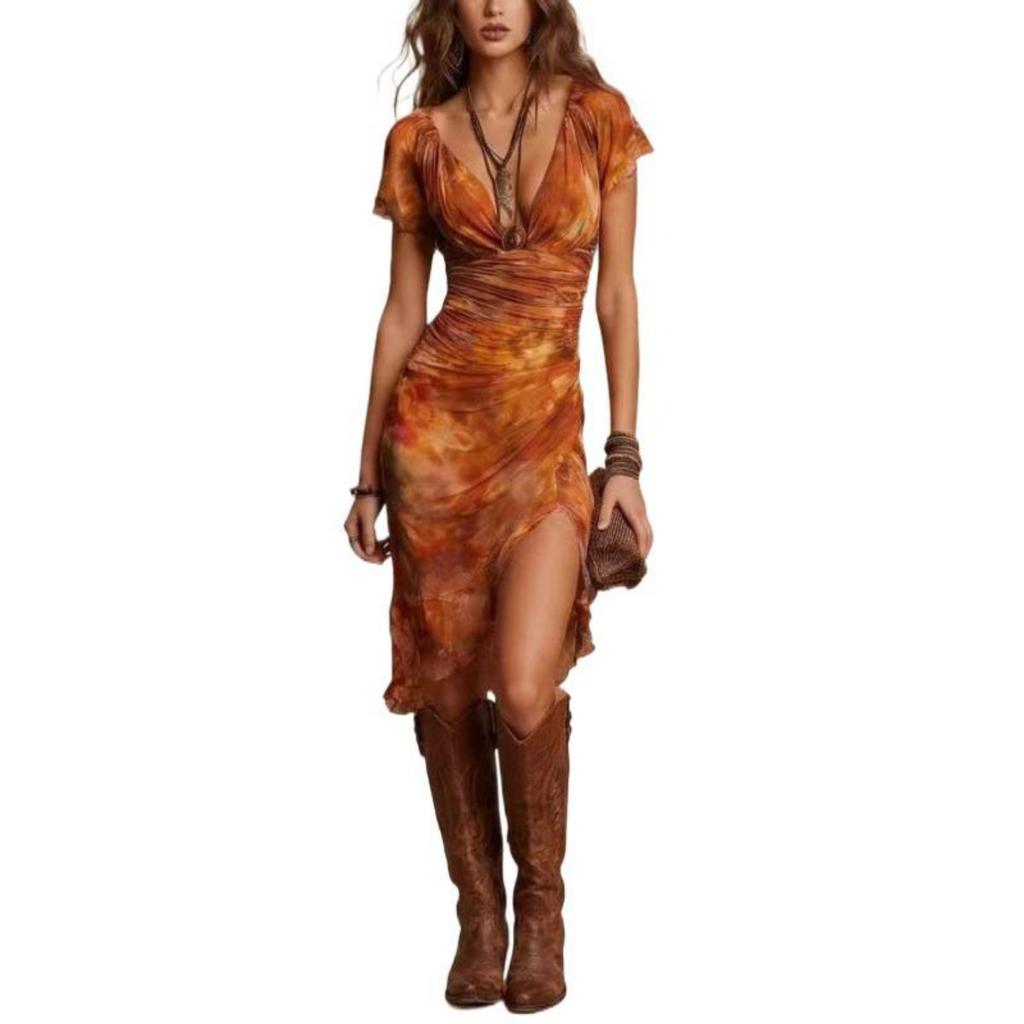 Boho-Print V-Ausschnitt Tailliert Schlankmachendes Mittellanges Elegantes Modekleid für Damen Europäischer Amerikanischer Stil