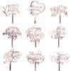 10PCS Happy Mother's Day Acrylic Cake Toppers Art Fonts Design Gold Rosegold Love Heart Cupcake Toppers Flag Party Decoration