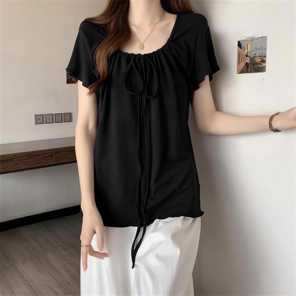 Unique and Chic Front Shoulder Straps, Super Good-looking Short-sleeved T-shirt, Summer White Thin Belly-covering Temperament Top