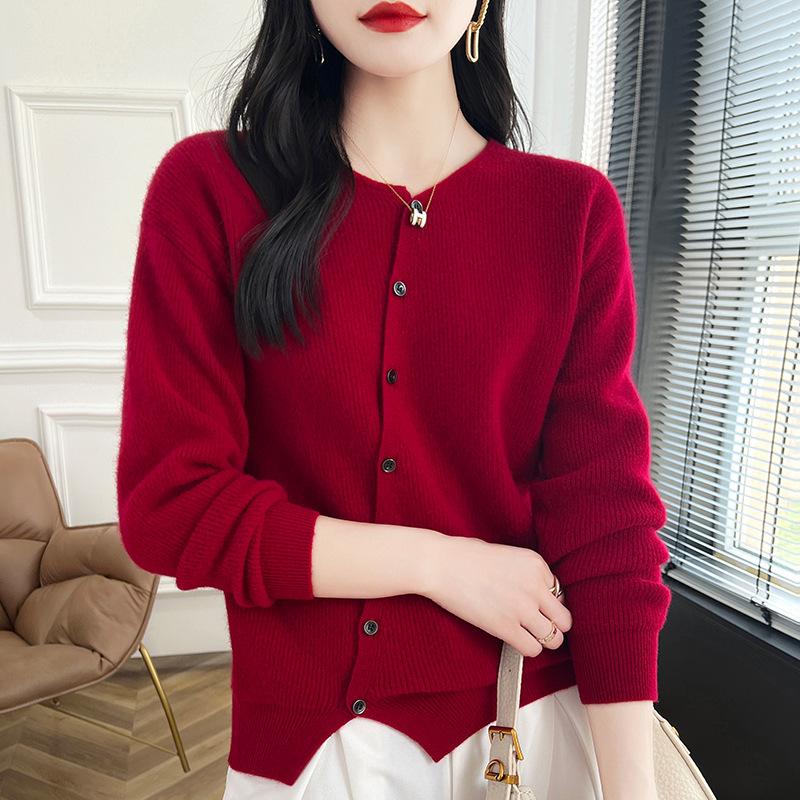 Autumn/Winter Wool Round Neck Asymmetrical Button Cardigan - Women's Loose Solid Color Cashmere Knitwear