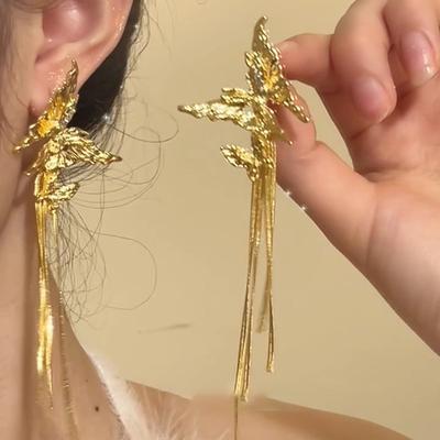 New Golden Double Butterfly Long Tassel Earrings for Women Fashionable Personalized Daily Accessory Party Jewelry Birthday Gifts