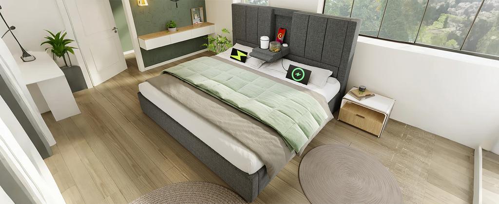 Upholstered Double Bed 140x190 Cm with Cup Holder & Charging Station, Hydraulic Storage Under Bed, Slatted Frame, Linen Grey (Without Mattress)