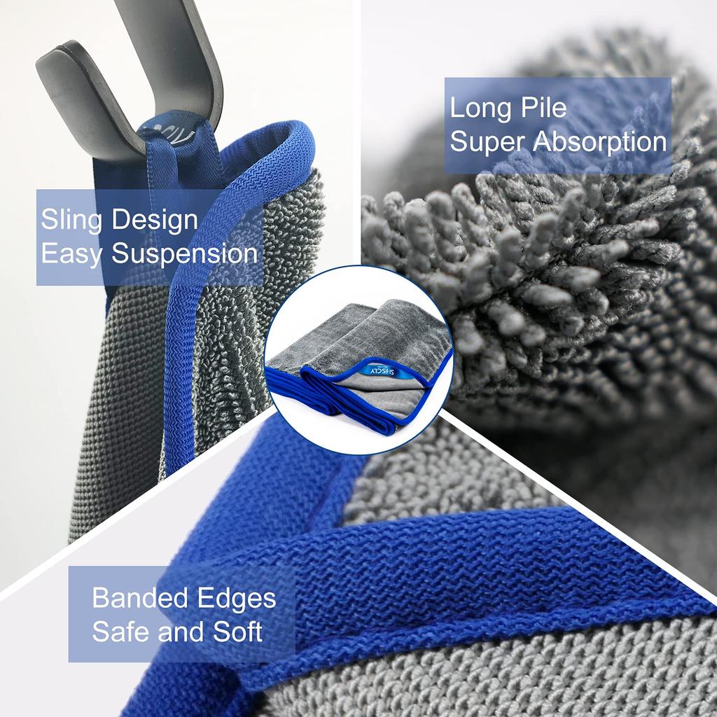 SHSCLY Microfiber Car Wash Towel, Super Absorbent Dryer Cloth, Large Thick Twist Pile (Gray with Blue Border, 74x84cm, Pack of 2)
