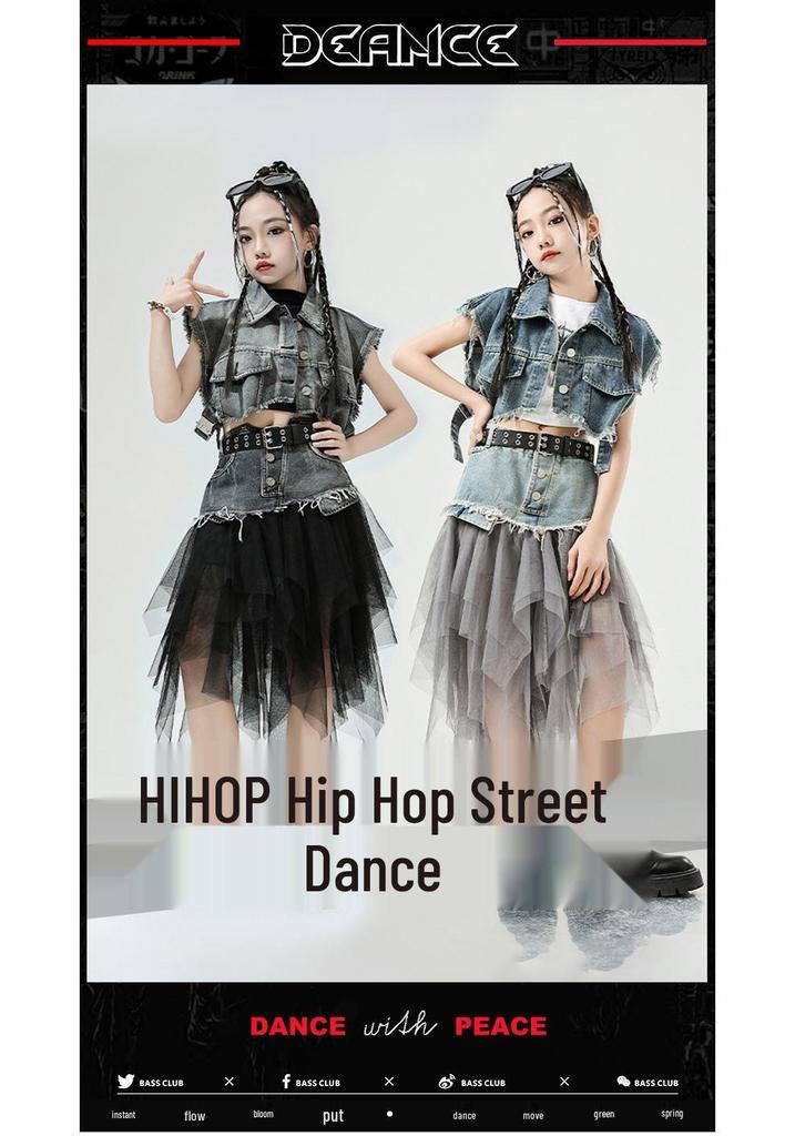 Mädchen Jazz Dance Hip Hop Denim Performance Outfit - Trendiges Kinder Laufsteg Set