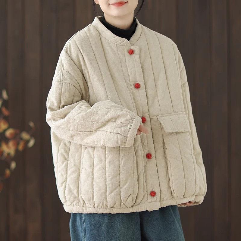 Cotton and Linen Women's Quilted Jacket Spring Autumn Retro Chinese Style Short Thick Casual Padded Coat Top