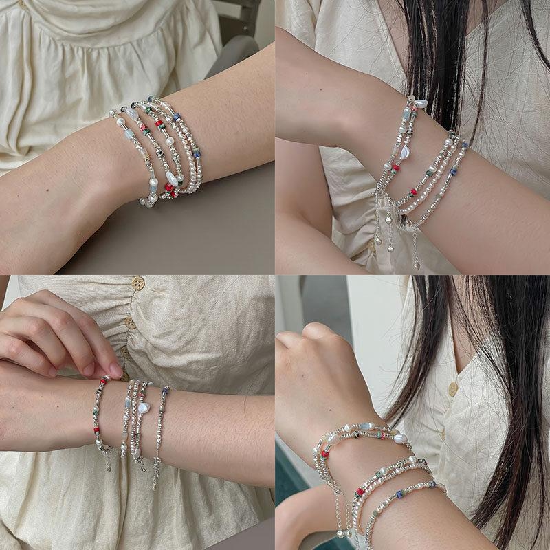 Broken Silver Faux Pearl Bracelet Fashion Charm Women INS Round Bead Bracelets Personality Girls Small Design Irregularly Cut Party Jewelry Gifts