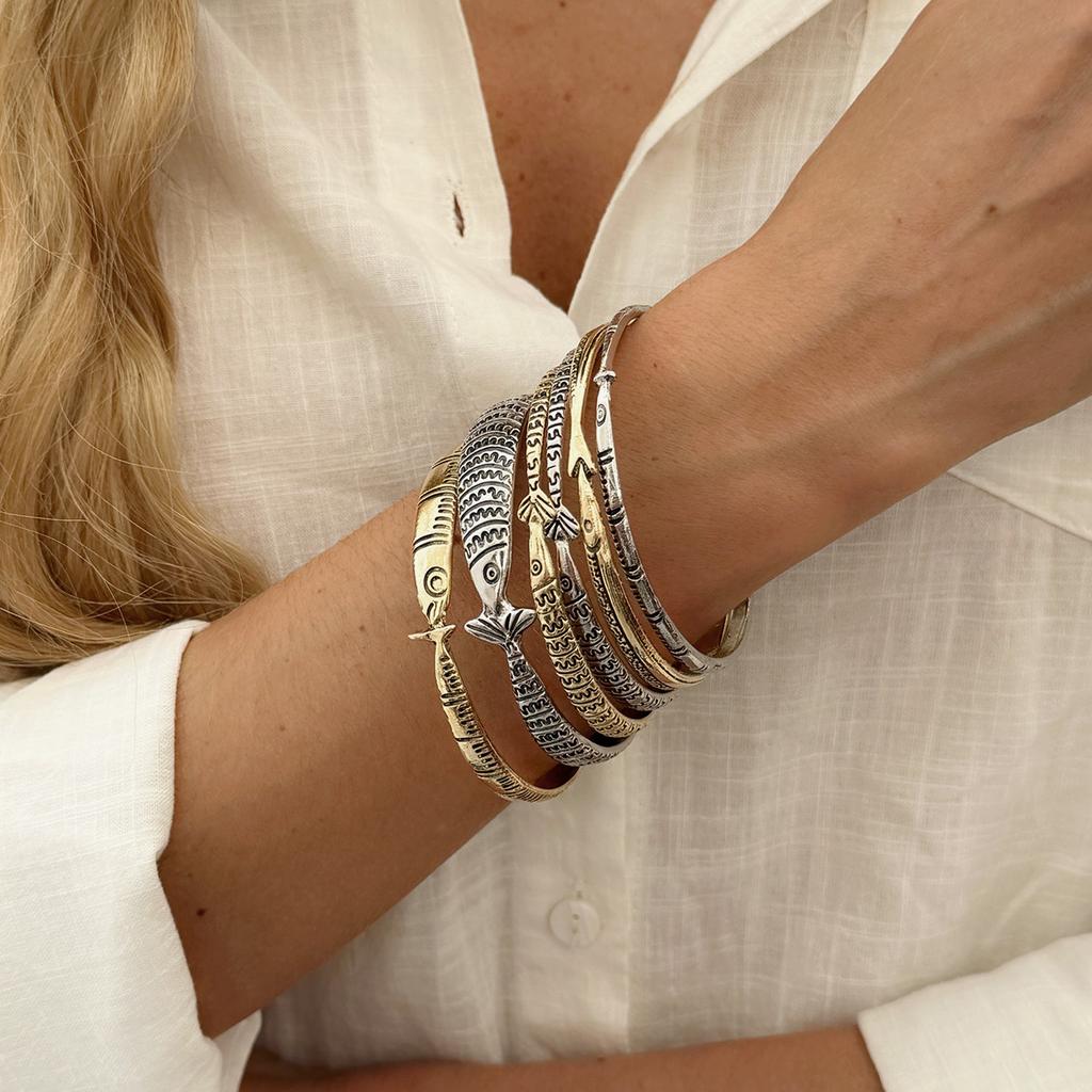 Personalized Retro Metal Fish Pattern Symbol Bracelet Set Creative Marine Animal Fish Shape Stacked Bracelet