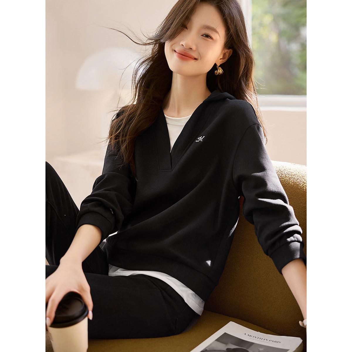 

Свободный повседневный свитшот из двух частей для отпуска, осенний новый стиль, утягивающий, закрывающий мясо, с капюшоном и вышивкой для женщин 2XL чёрный